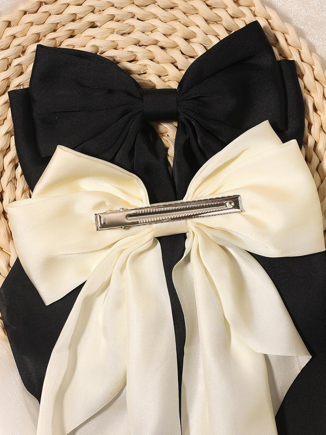 Furling Pompoms Hair Bows for Women Girls, 3pcs Big Bow Hair Clips Ribbon Hair Bow Ponytail Accessories, Holiday Party Birthday (Beige Black Hot Pink)