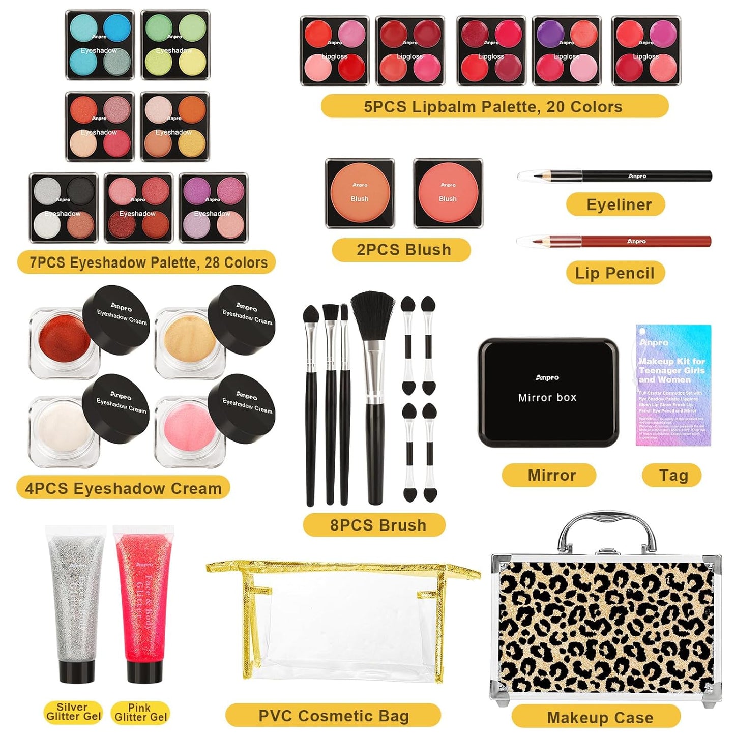 Anpro All-In-One Makeup Kit with Carry Case, Pro Teen Makeup Set, Full Starter Cosmetics Kit with Makeup Brushes, Lipsticks, Eye Shadows Palette, Blushes, Glitter Gel-Yellow Leopard