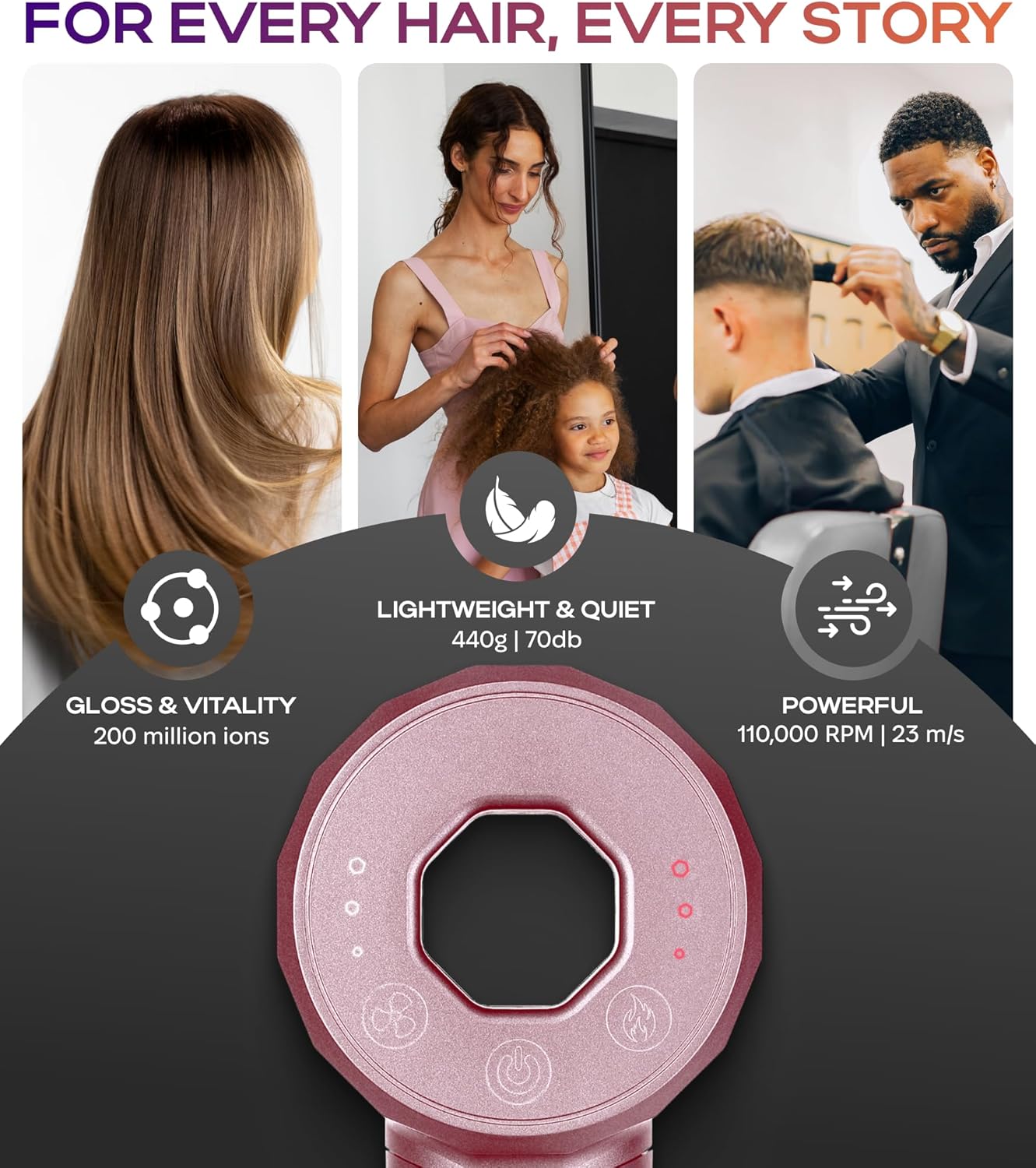 Ionic Hair Dryer Premium Quality, High-Speed Professional Brushless Motor 110,000 RPM, 1600W Power, 9 ft Long Cord and Magnetic Nozzle, Lightweight Blow Dryer, Ultra Quiet Fast Drying (Pink)