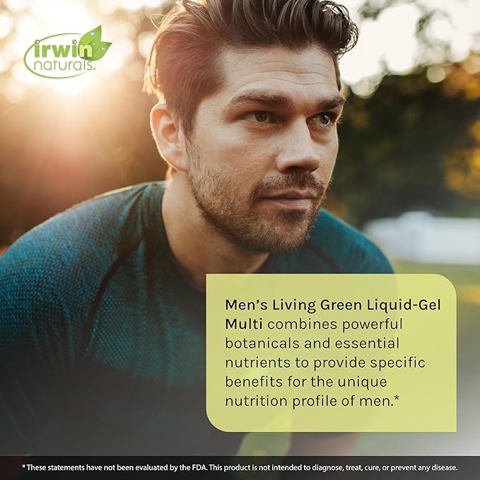 Irwin Naturals Men's Living Green Liquid-Gel Multi - 70 Essential Nutrients, Full-Spectrum Vitamins, Wholefood Blend - Targeted Adrenal & Brain Support - 120 Liquid Softgels