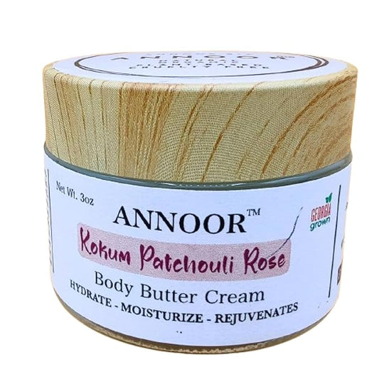 Kokum Patchouli Rose Body Butter Cream | 3 Oz | Enriched with Rose Hydrosol, Kokum Butter, Shea Butter, Almond Oil, Ginger, Vitamin E, and Vitamin B5 | Deeply Hydrating and Softening Cream