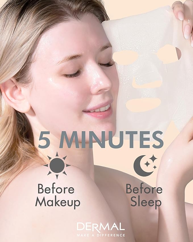 DERMAL Charcoal Collagen Essence Korean Facial Mask Sheet Pack of 10 - Pore Purifying, Boosting Moisture, Rejuvenating Clarity - Hypoallergenic Skin Friendly Sheet