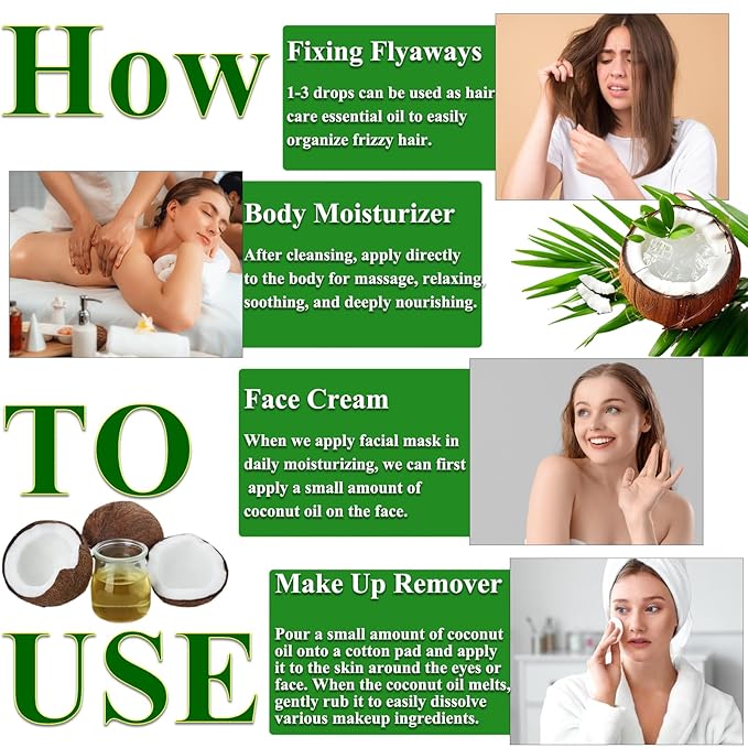Elitzia Coconut Oil Hair Spa Skin Care NaturalMassage Oil Conditoner Liquid Skin Pure Nourish Moisturier Makeup Remover Fix Flyaways Versatile Base Oil Face Body 16fl.oz/473ml
