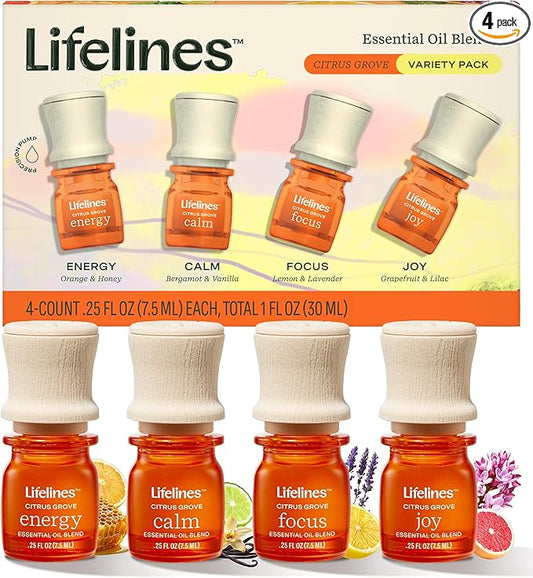 Lifelines Essential Oil Blends, 4-Pack - Blended Essential Oils with Precision Pump for Aromatherapy Diffusers - Long-Lasting Scented Fragrance - Citrus Grove (Joy, Calm, Focus & Energy)