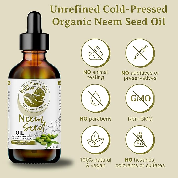 Bella Terra Oils - Organic Neem Seed Oil 16oz - Harness Organic Neem's Timeless Beauty Secrets, Infused with Vitamin A & Omega Fatty Acids, Best for Luxurious Skin Feel