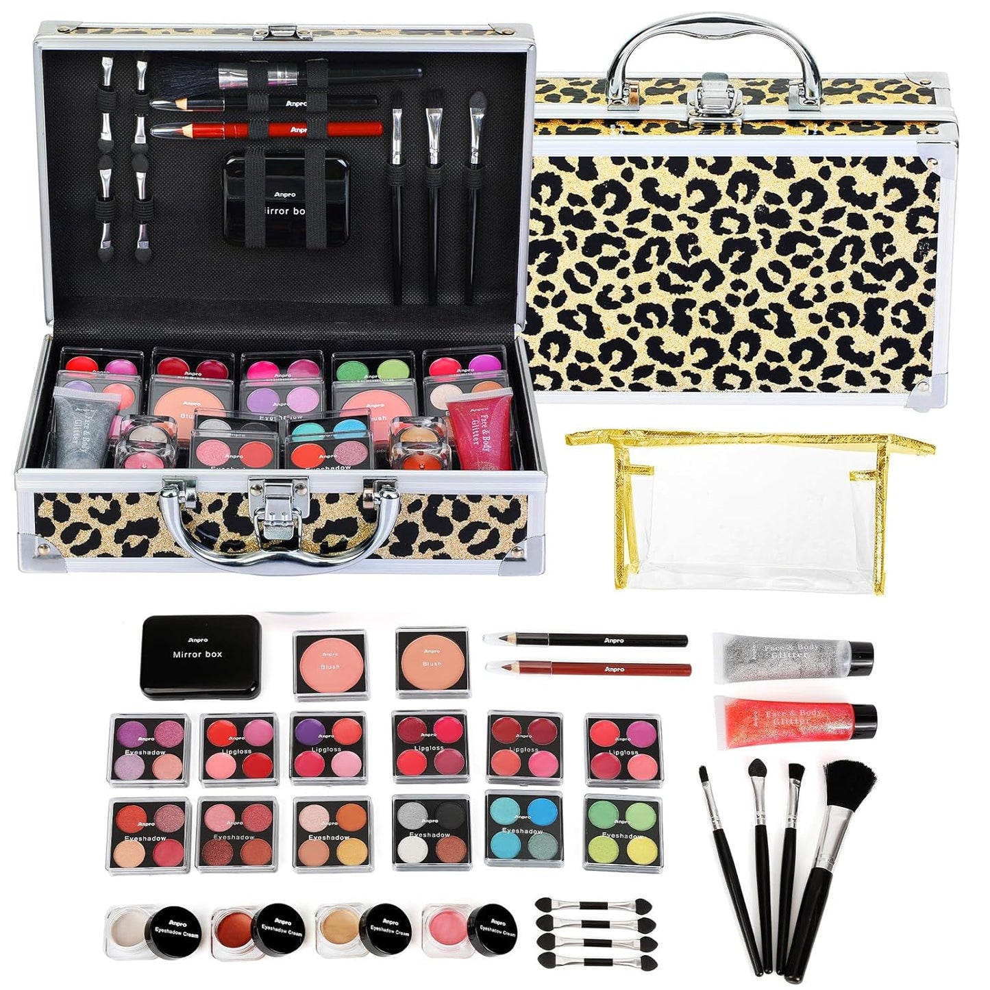 Anpro All-In-One Makeup Kit with Carry Case, Pro Teen Makeup Set, Full Starter Cosmetics Kit with Makeup Brushes, Lipsticks, Eye Shadows Palette, Blushes, Glitter Gel-Yellow Leopard