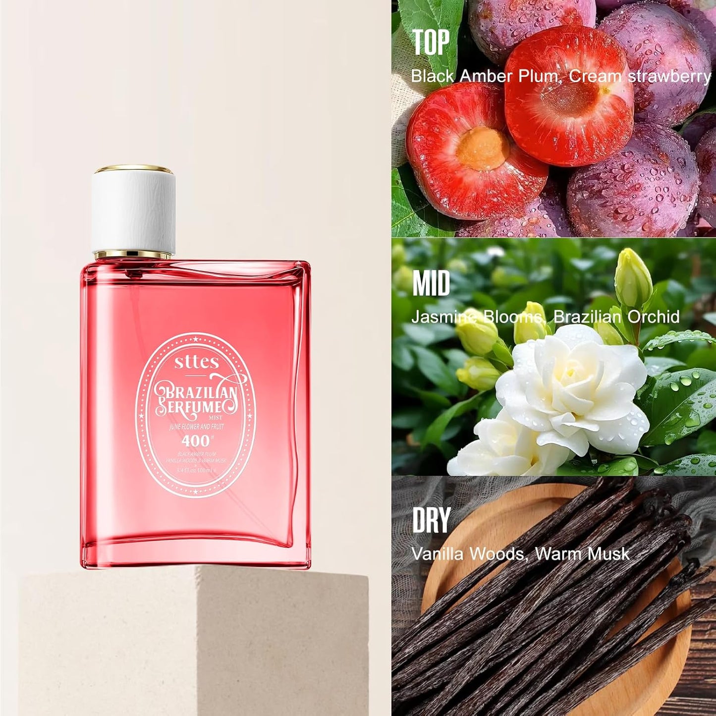Sttes Perfume 400# (June Flower Fruit) - Eau de Perfume 100ml (3.4fl oz) Flower Fruit Gourmet Tune (Vanilla + Plum + Jasmine + Woody Tone)