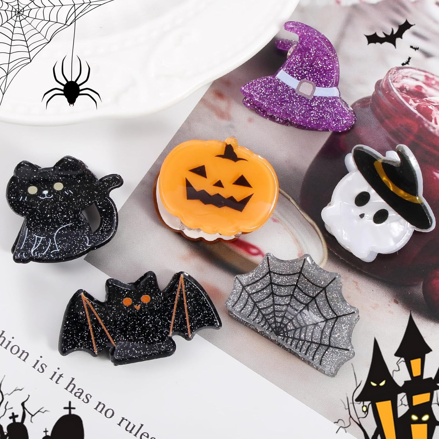 Mini Halloween Hair Clip -12PC Small Claw Clips Pumpkin Ghost Bat Spider Shape Hair Claw for Girls, Cute Hair Accessories (mini-Halloween hair clips)