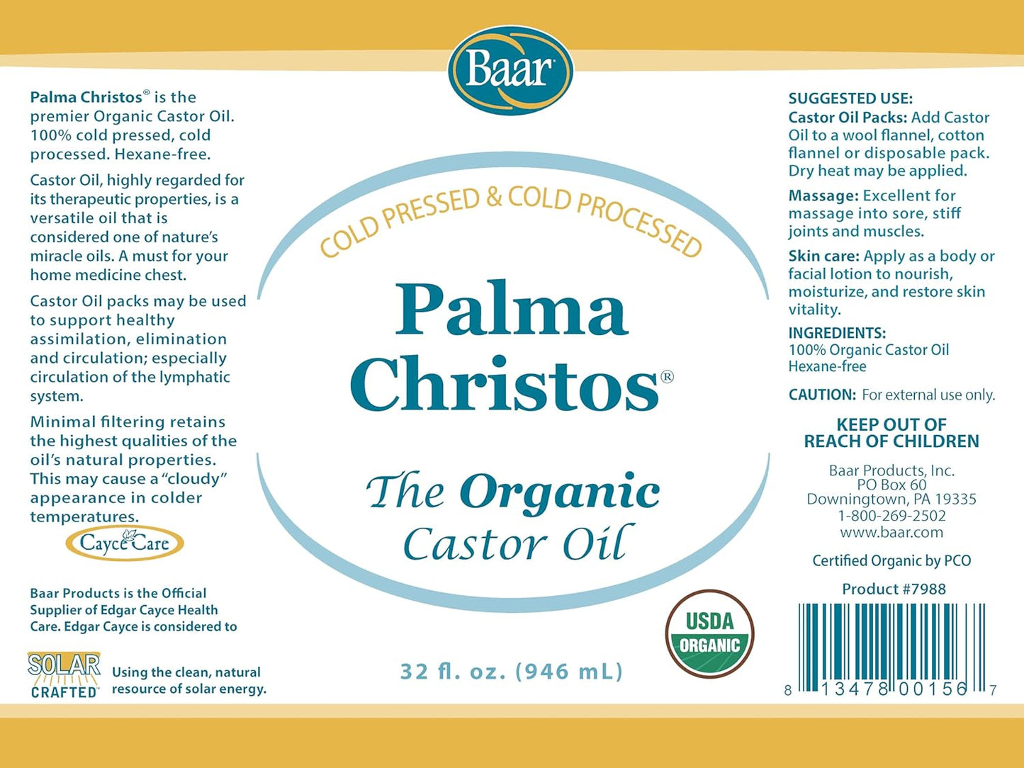 Baar Palma Christos Organic Castor Oil Products, Cold-Pressed, Hexane-Free, USDA Certified, for Skin, Hair, Massage & Castor Oil Packs, 32 oz