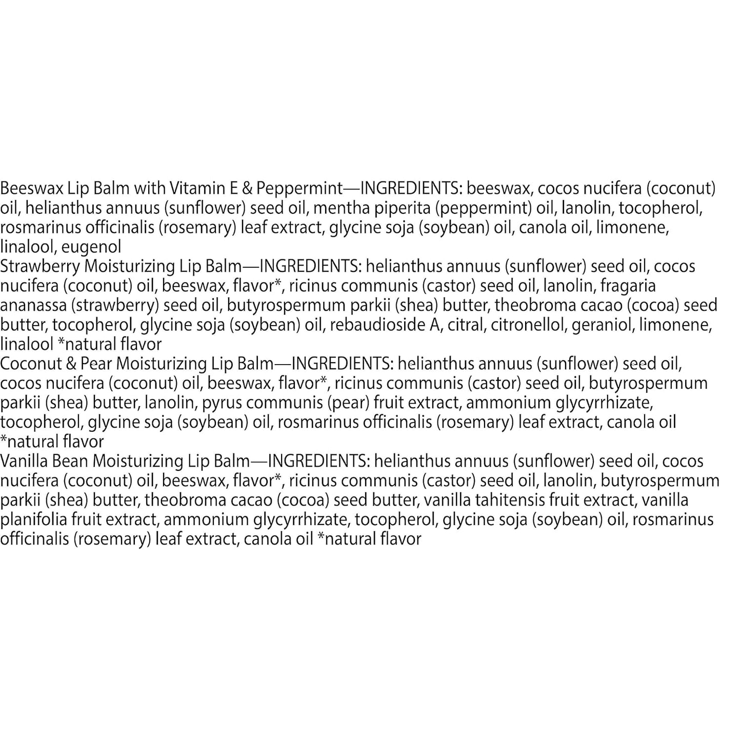Burt's Bees Lip Balm, Beeswax, Strawberry, Coconut and Pear, and Vanilla Bean Pack, With Responsibly Sourced Beeswax, Tint-Free, Natural Lip Treatment, 4 Tubes, 0.15 oz.