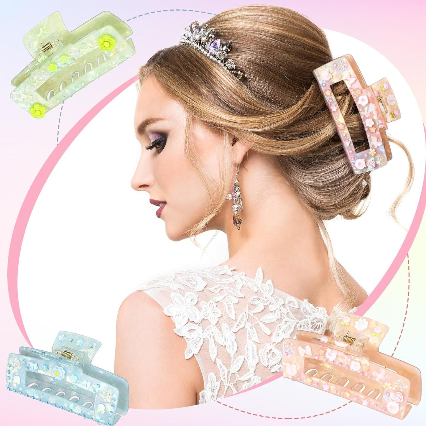 6 Set DIY Hair Claw Clips Kit Acrylic Claw Clip with Resin Rhinestones Pearls Hair Clips with Strong Hold Non-slip Banana Barrettes for Women Party Supplies for Craft DIY (Rectangle)