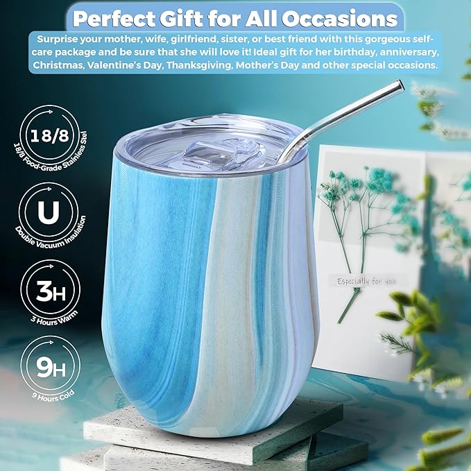 Birthday Gifts for Women – Relaxing Spa Care Package with Wine Tumbler, Bath Bombs, Candle & Socks – Self Care Gift Box for Her