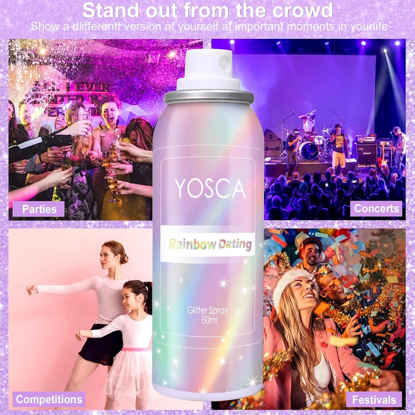 Yosca Body Glitter Spray, 80ML Holographic Silver Glitter Hairspray, Quick-Drying and Long-Lasting Shiny Glitter Spray for Body Hair Sparkling Makeup Festival Concert Party Clothes Rave Accessories