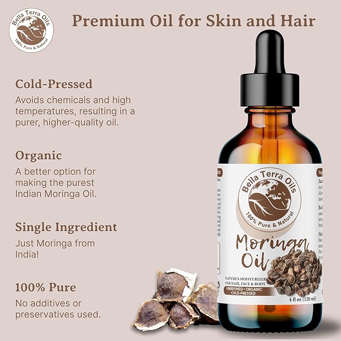 Bella Terra Oils - Organic Moringa Seed Oil 8 oz - A Symphony of Nutrients & Fatty Acids, Elevating Beauty Rituals with Natural Nourishment