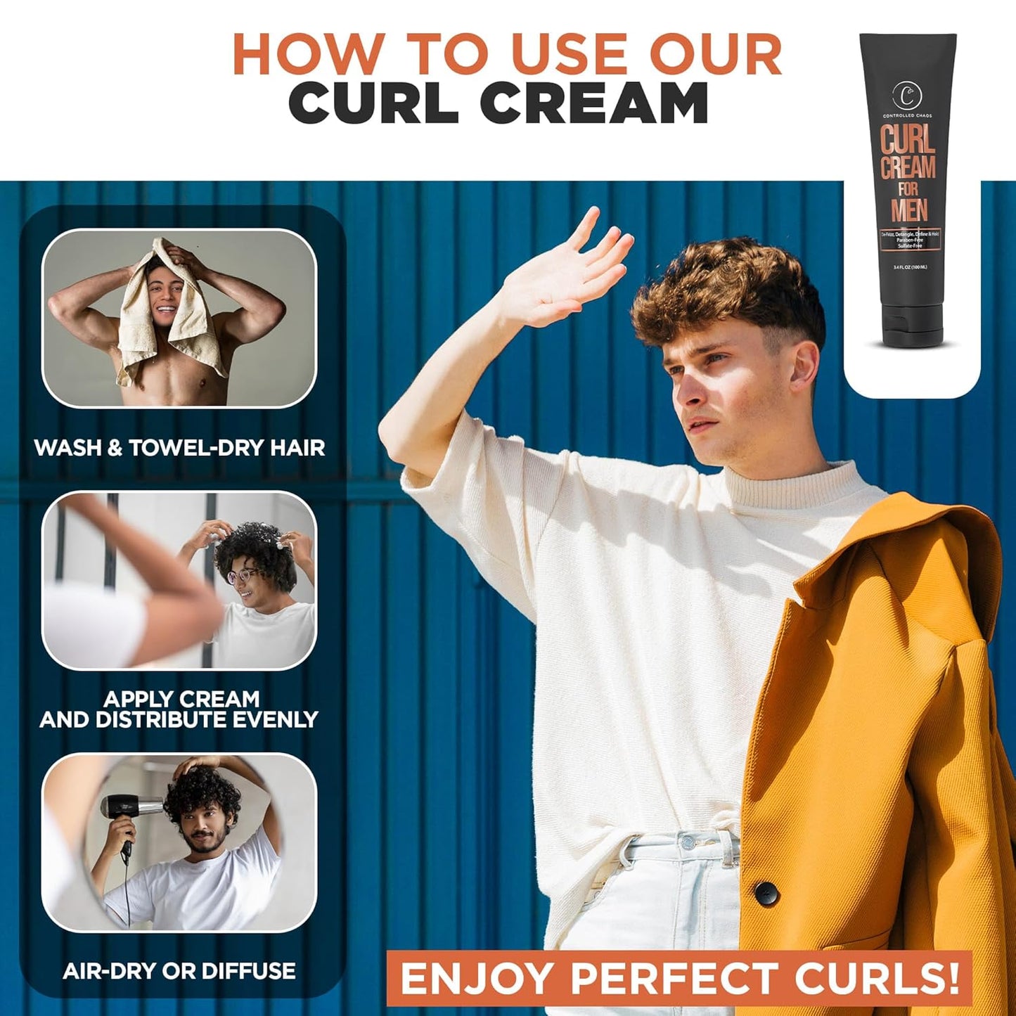 Controlled Chaos Curl Cream for Men - Hair Styling Cream For Wavy and Curly Hair With Shea Butter, Jojoba Oil, Coconut Oil, Add Smoothness, Anti-frizz, Sulfate-Free Curl Cream (3.4oz)