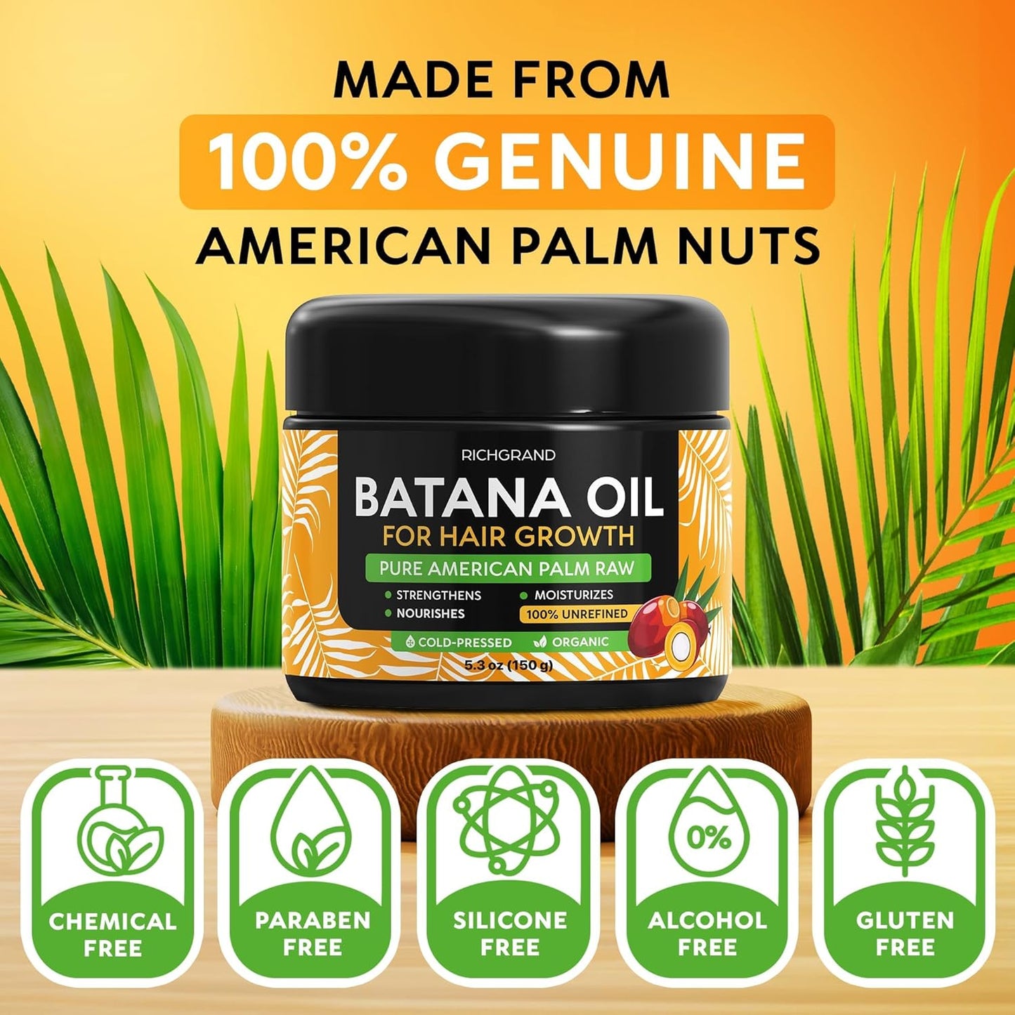 Batana Oil for Hair Growth - 100% Raw & Organic Dr Sebi Batana Oil - Cold-Pressed & Pure Unrefined Batana Hair Mask for Women & Men - Enhances Hair Thickness, Prevents Loss