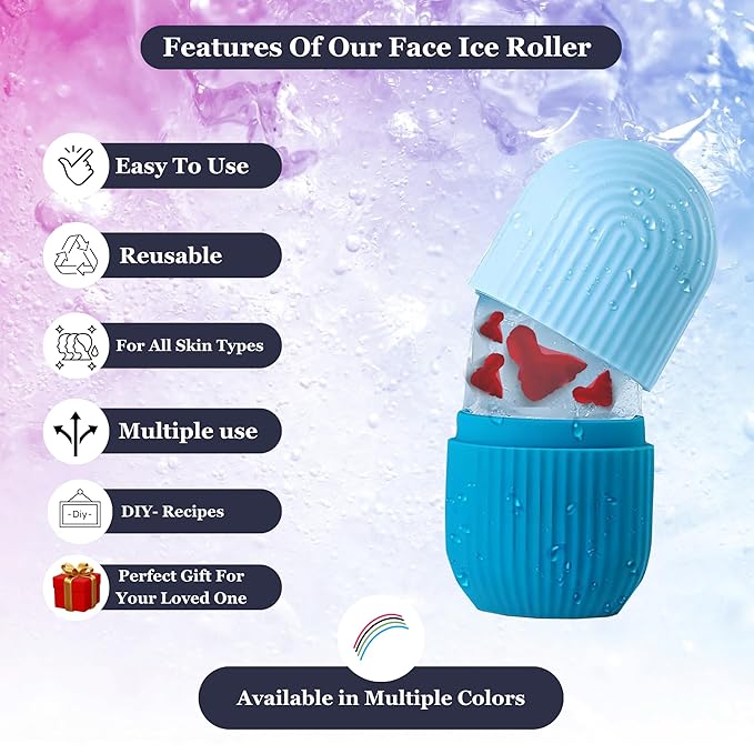 Ice Roller for Face, Eyes & Neck – Reusable Silicone Ice Mold for De-Puffing, Skin Care & Facial Massage (Blue)