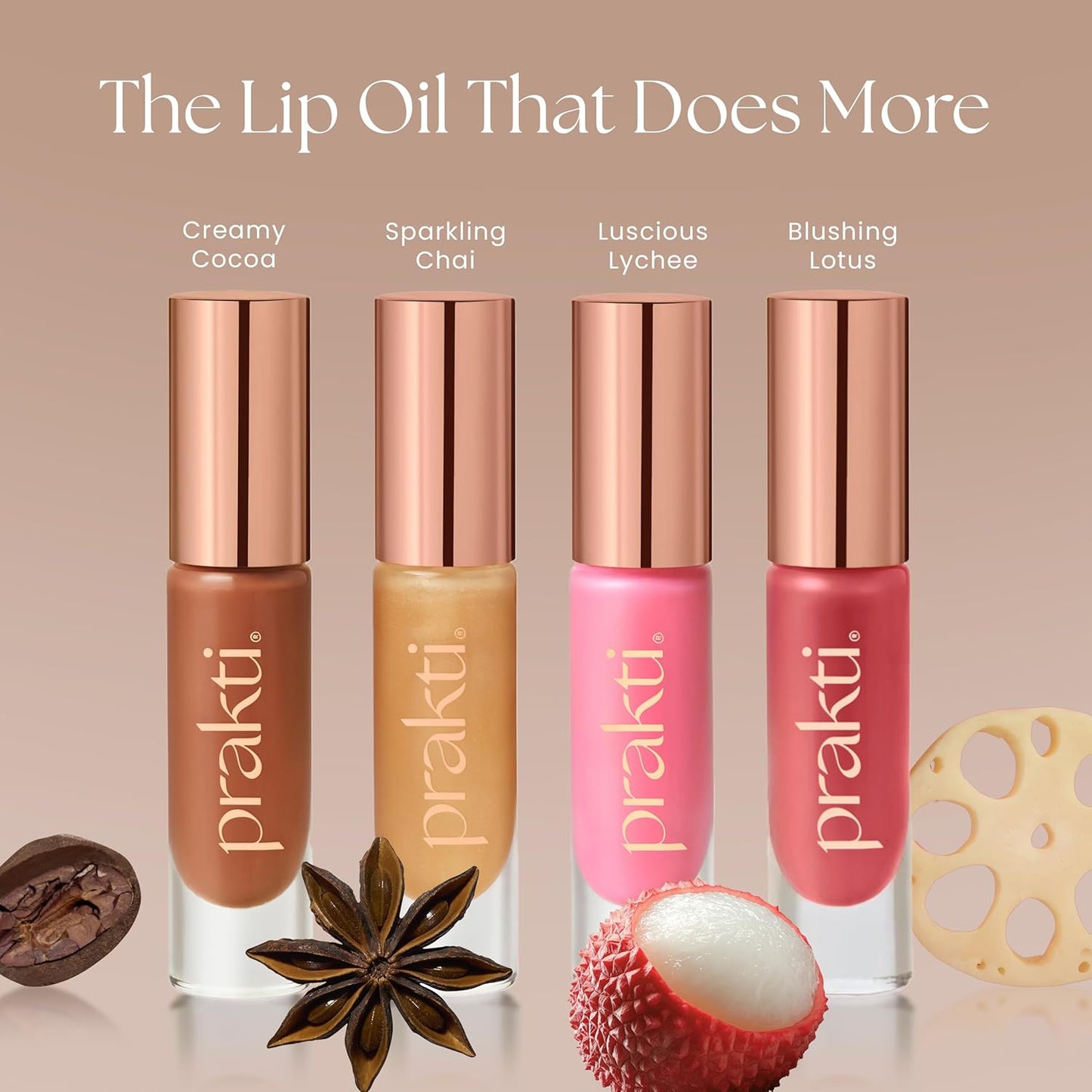 Prakti KhushiKiss Nourishing Lip Oil in Blushing Lotus, Hydrates & Plumps Lips, High-Shine Finish, with Hyaluronic Acid & Peptides, 0.17 oz