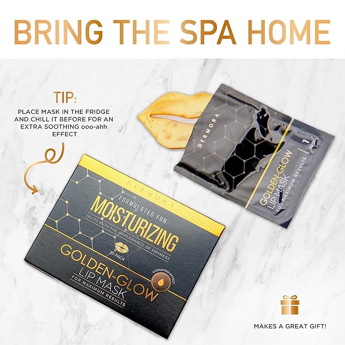 DERMORA Skin Treatment Mask Golden Glow Lip Mask - 20 Pack Lip Gel Masks - Rejuvenating Lip Masks for Lines, Wrinkles, Tightening, Firming