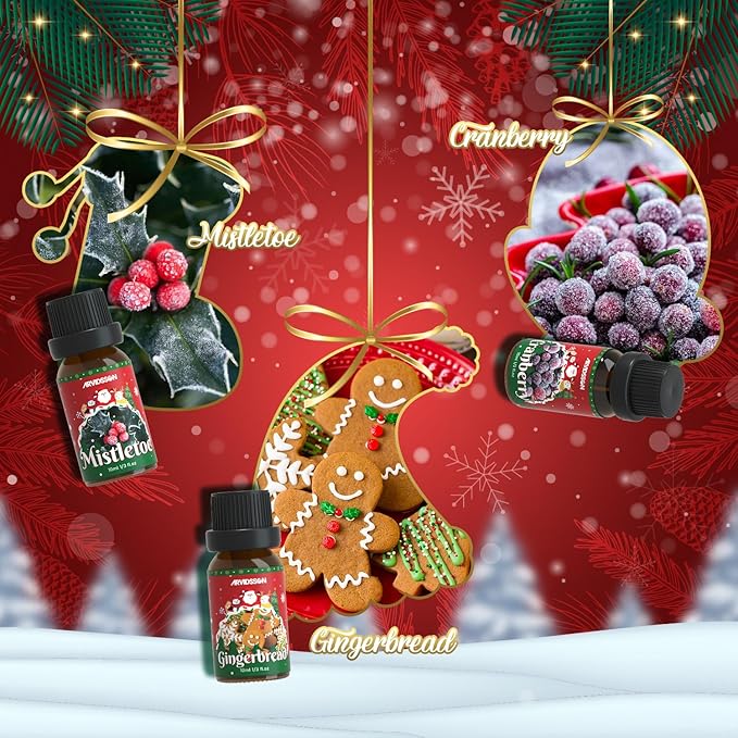 Christmas Fragrance Oil Set, ARVIDSSON Holiday Essential Oils for Diffuser, Mistletoe, Gingerbread, Apple Cinnamon, Candy Cane, Cranberry, Christmas Spirit, Merry Christmas Scented Oil Gift Set