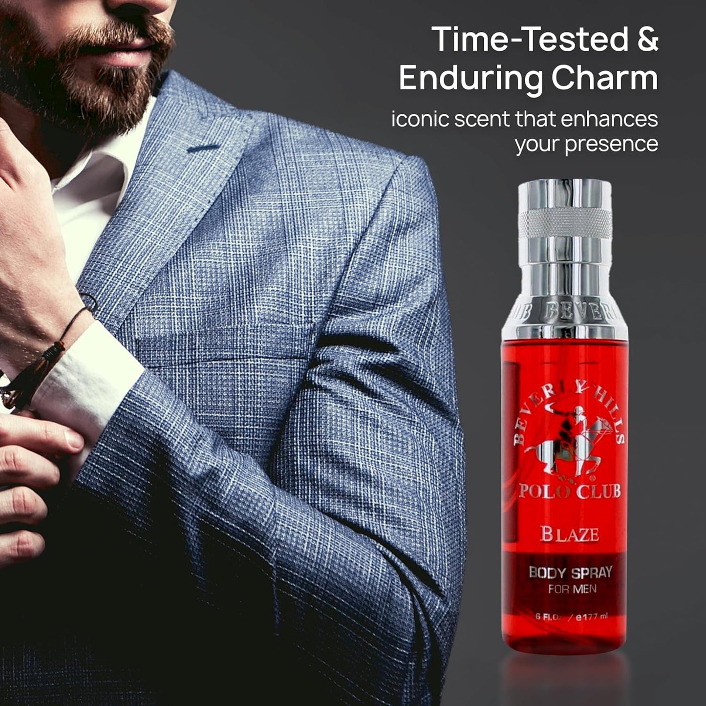 Beverly Hills Polo Club Body Spray for Men - BHPC Blaze - Fresh, Earthy with Notes of Cedar & Basil - Long Lasting Body Mist Cologne Scent - Ideal Gift for Him, 6oz