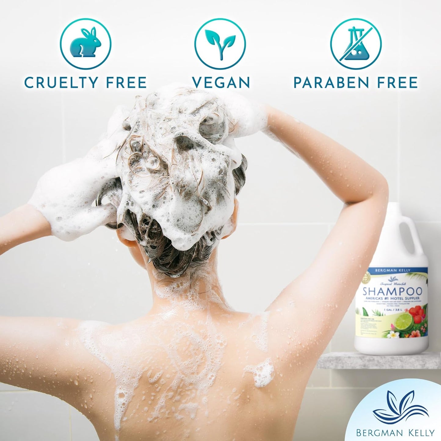 Bergman Kelly Refill Gallon Size Shampoo (128 fl oz, Tropical Waterfall Scent), Delight Your Guests with an Invigorating and Refreshing Shampoo, Quality Guest Hotel Toiletries in Bulk