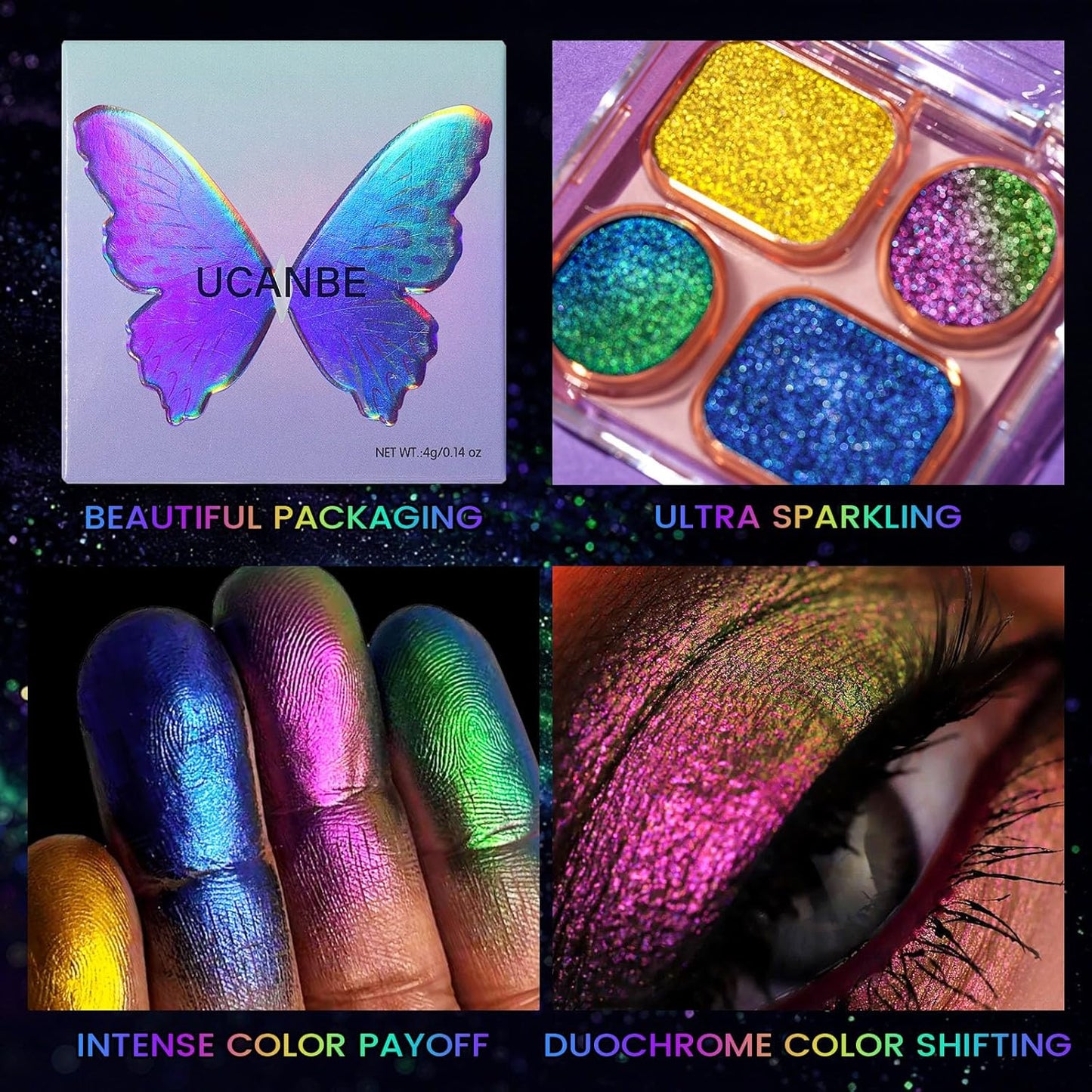 UCANBE Multichrome Chameleon Eyeshadow Makeup Palette, 4 Colors Holographic Metallic Glitter Eye Shadow Pallet, High Pigmented Creamy Duo Chrome Multidimensional Eye Make Up Kit