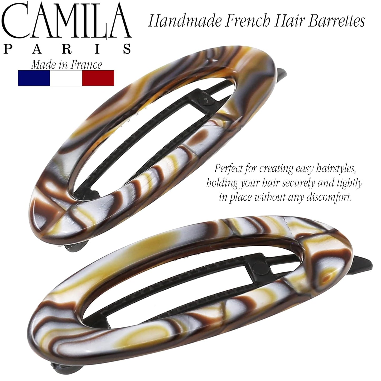 Camila Paris CP3367 French Hair Barrette Clip for Women, Handmade, Onyx, Side Slide-in Metal-Free Closure Strong Hold Grip Hair Clips for Girls, No Slip Durable Hair Accessories, Made in France