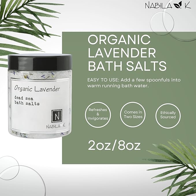 Organic Lavender Bath Salts by Nabila K - Dead Sea Salt & Epsom Salt Scrub & Soak - Exfoliates & Hydrates Skin, Botanical Essential Oils - Bubble Bath Accessories for All Skins Types, 2 oz