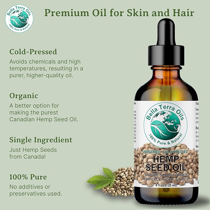 Bella Terra Oils - Hemp Seed Oil 4 oz - Dive into the World of Linoleic Acid & Alpha-Linolenic Acid, Packed with Essential Vitamins, Perfect for Cosmetic Elixirs
