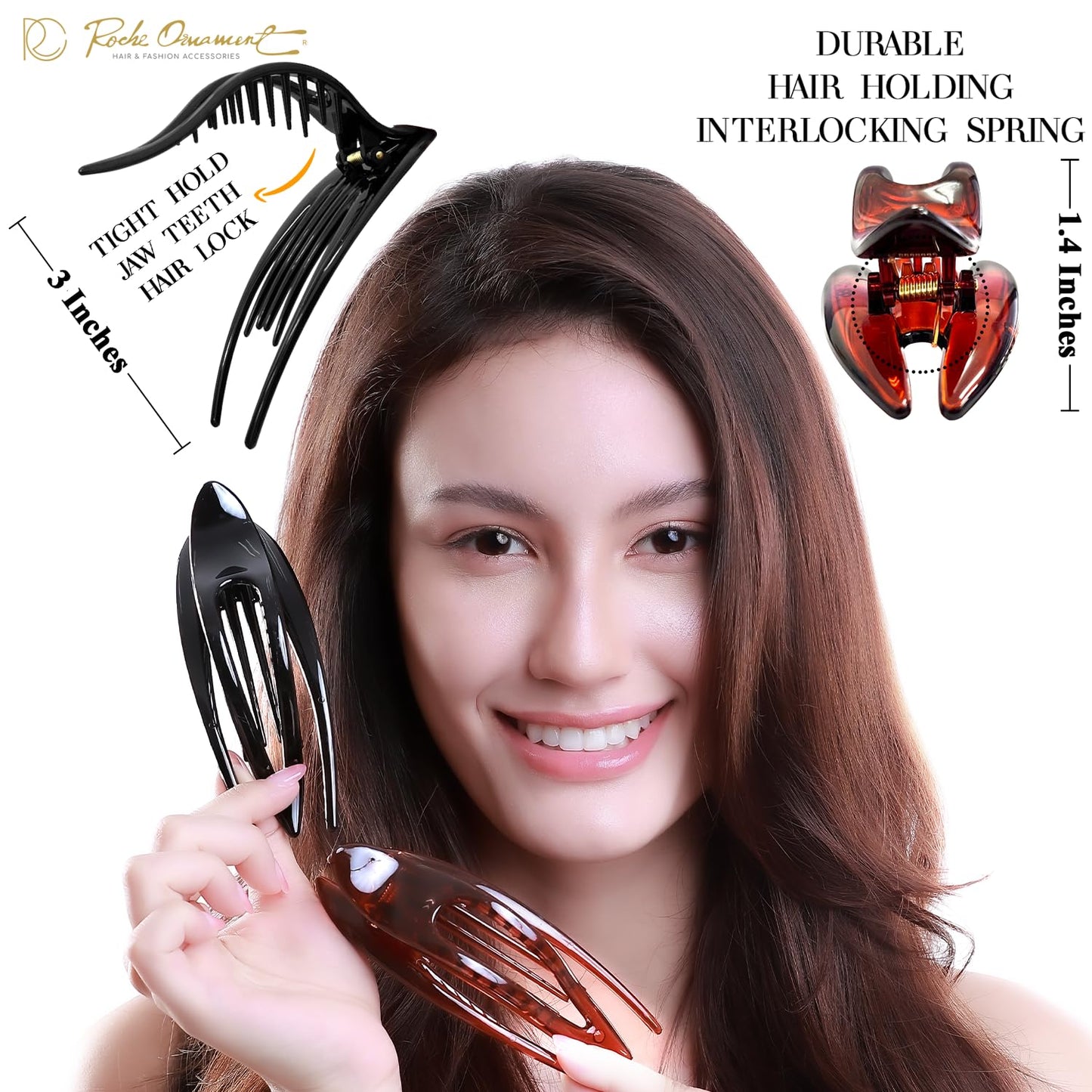 RC ROCHE 2 Pcs Flat Hair Clips Big Claw for Thick Hair French Duckbill Women No Slip Side Slide Curved Alligator Concord Strong Grip Hold Volume Lay Down Clamp, Medium Black & Brown