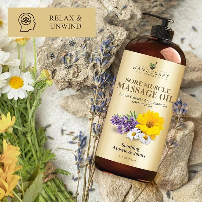 Handcraft Blends Sore Muscle Massage Oil 8 Fl Oz - Moisturizing Body Oil for Massage Therapy - Made with Arnica Extract, Chamomile, Lavender, Peppermint Oils