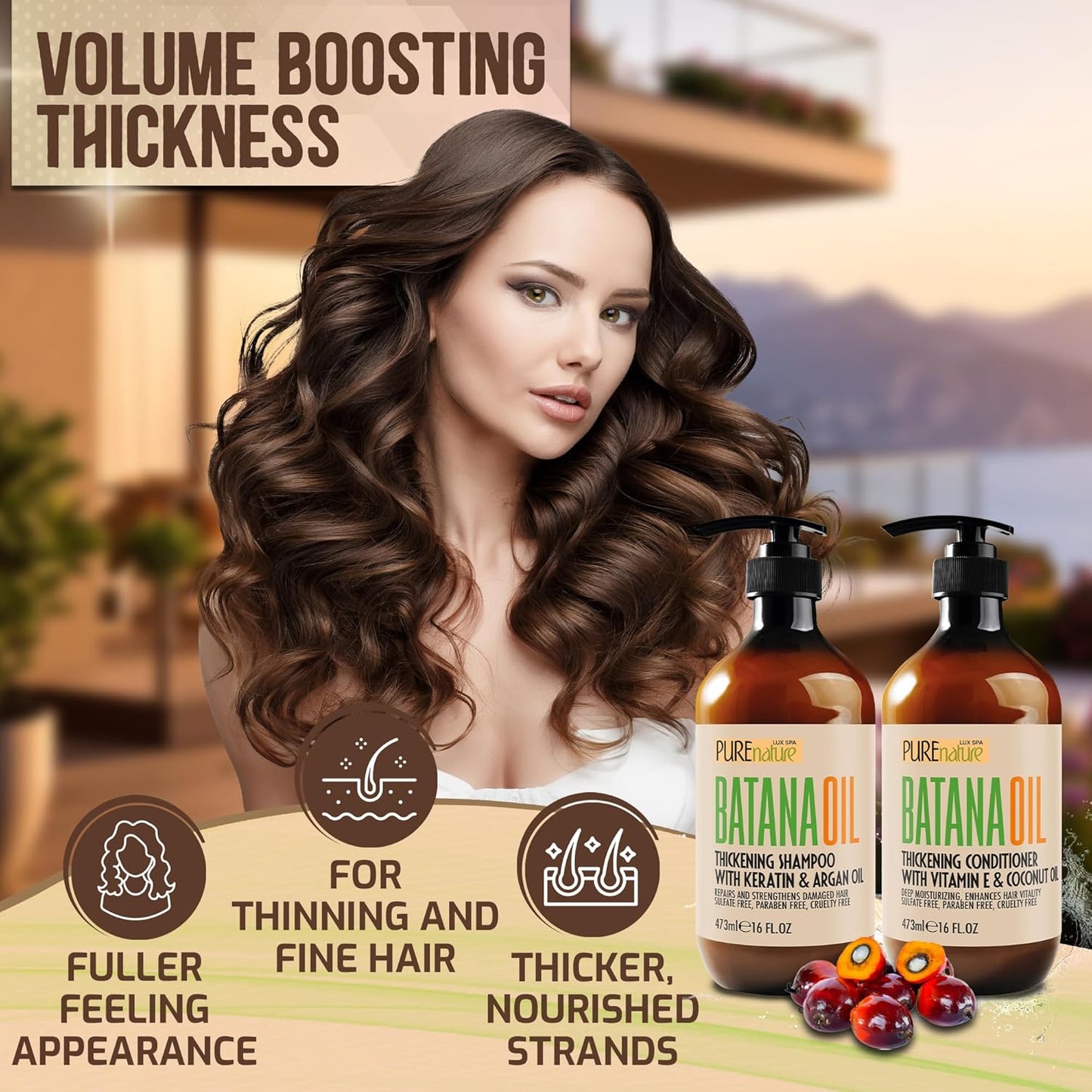 Batana Oil Shampoo and Conditioner Set - Thickening, Sulfate Free Formula for Women and Men - Volumizing, Moisturizing, Professional Salon Care Products for Fine, Thinning Hair - 16 Fl Oz (Pack of 2)