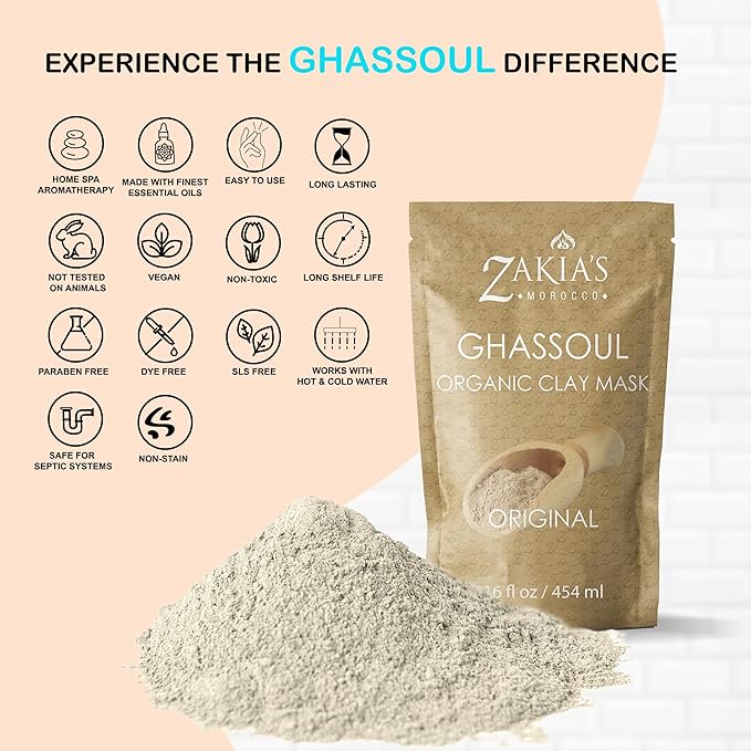 Zakia's Morocco Moroccan Rhassoul Clay Mask (Rose Scented) - Organic Natural Facial Clay and Skin Care Treatment - Anti-aging Mud Mask Heals Dry & Oily Skin, Acne, Eczema & Psoriasis - 8 Oz