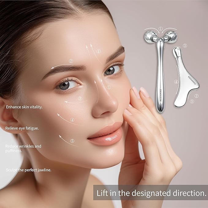 Face Roller Massage Skin & Gua Sha Facial Tools, Eye Roller for Puffy Eyes, Cream Applicator for Lift 4-in-1,Massage Tool for Face Neck Eye Body Skin Care. Skin Care Gift for Women.