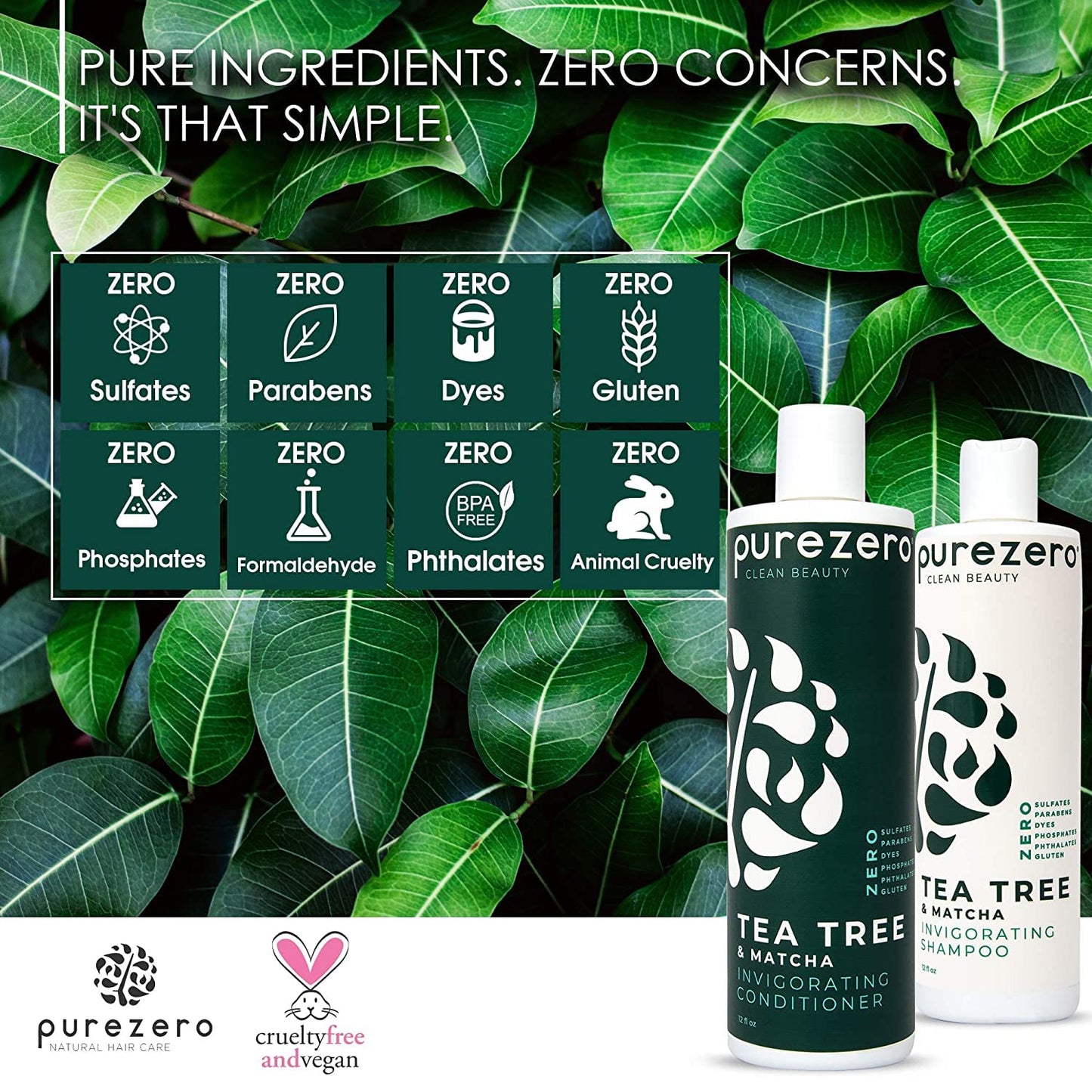 Purezero 20 oz Tea Tree & Matcha Shampoo and Conditioner Set - Nourishing & Invigorating Scalp Treatment - Zero Sulfates, Parabens, Dyes Vegan and Cruelty Free