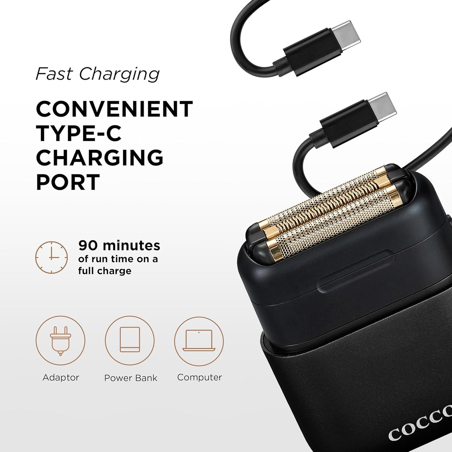 COCCO IMPACTO Shaver, Hygienic Gold Foil Triple Blade, White, Wet & Dry Use, Magnetic Replaceable Head, Intelligent Accelerator, 90 Min Run Time (Black)