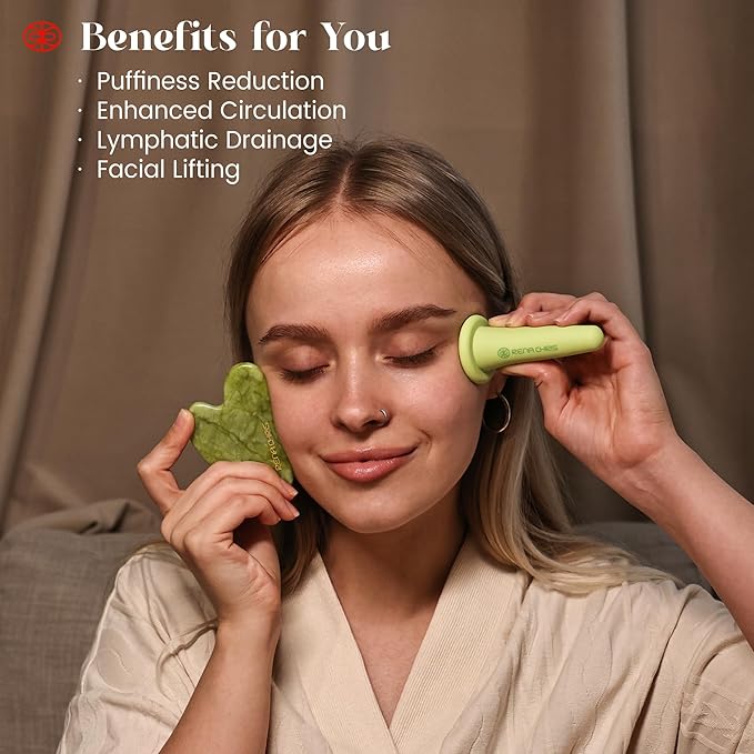 Rena Chris Facial Cupping Set & Gua Sha Facial Tool - Silicone Cupping Set & Jade Gua Sha Stone - Face Cupping Therapy Set for Natural Skin Care, Puffiness, Lip Plumping(Green)