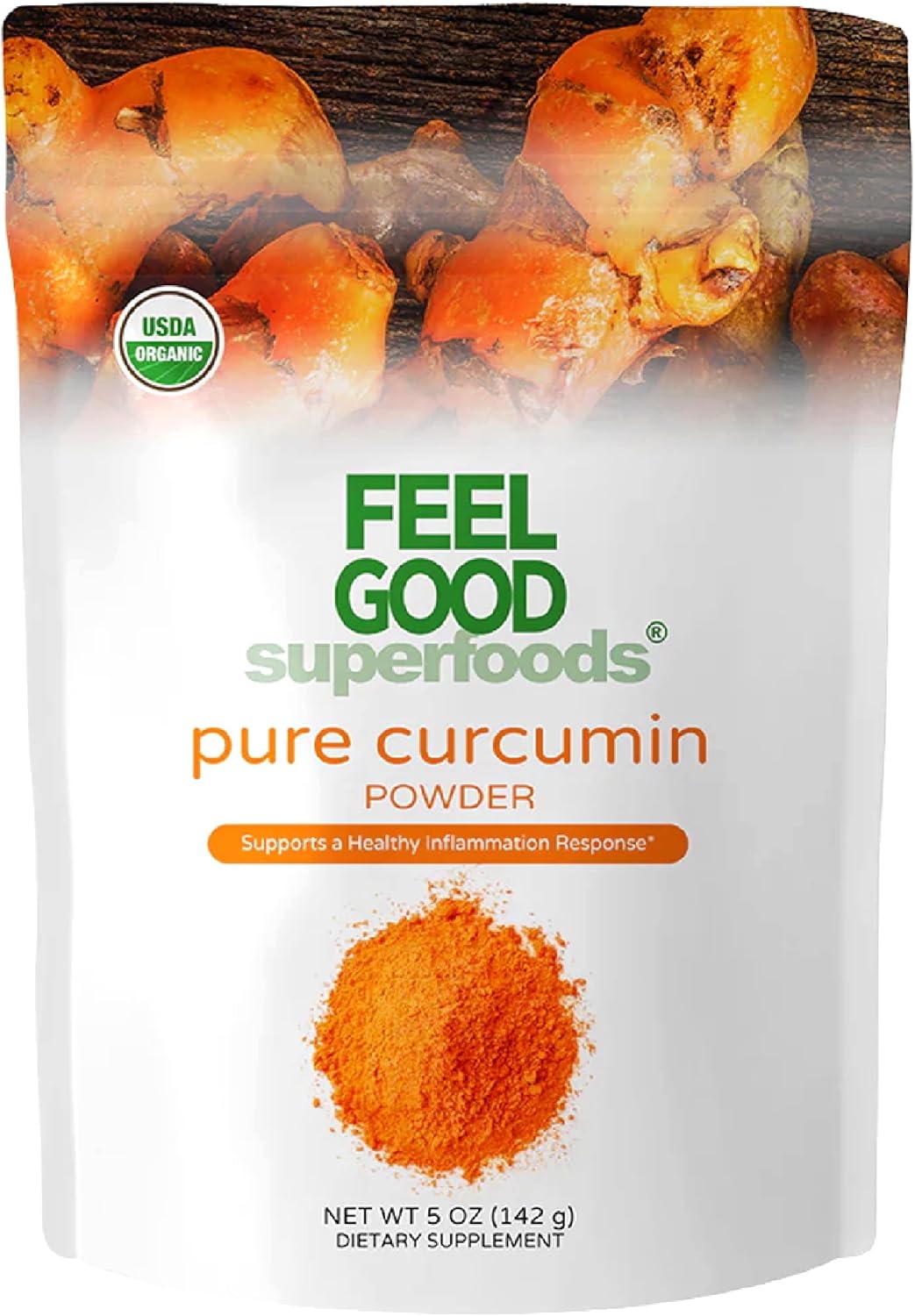 FEEL GOOD Superfoods Pure Curcumin Powder, Organic, Non-GMO, Vegan from Bulk Ground Turmeric Root from India, Curcuma Longa Joint Supplement, 5 oz