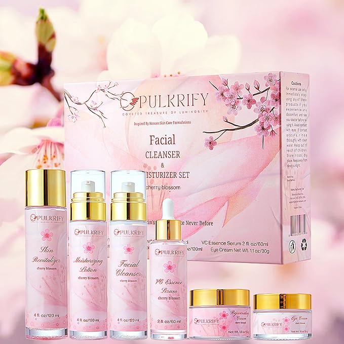 Luxurious Korean Style Cherry Blossom Facial Cleanser & Moisturizer Set, Facial Cleanser, Moisturizer, Revitalizer, Serum, Rejuvenator, Eye Cream, Daily Skincare Routine, Retinol Free