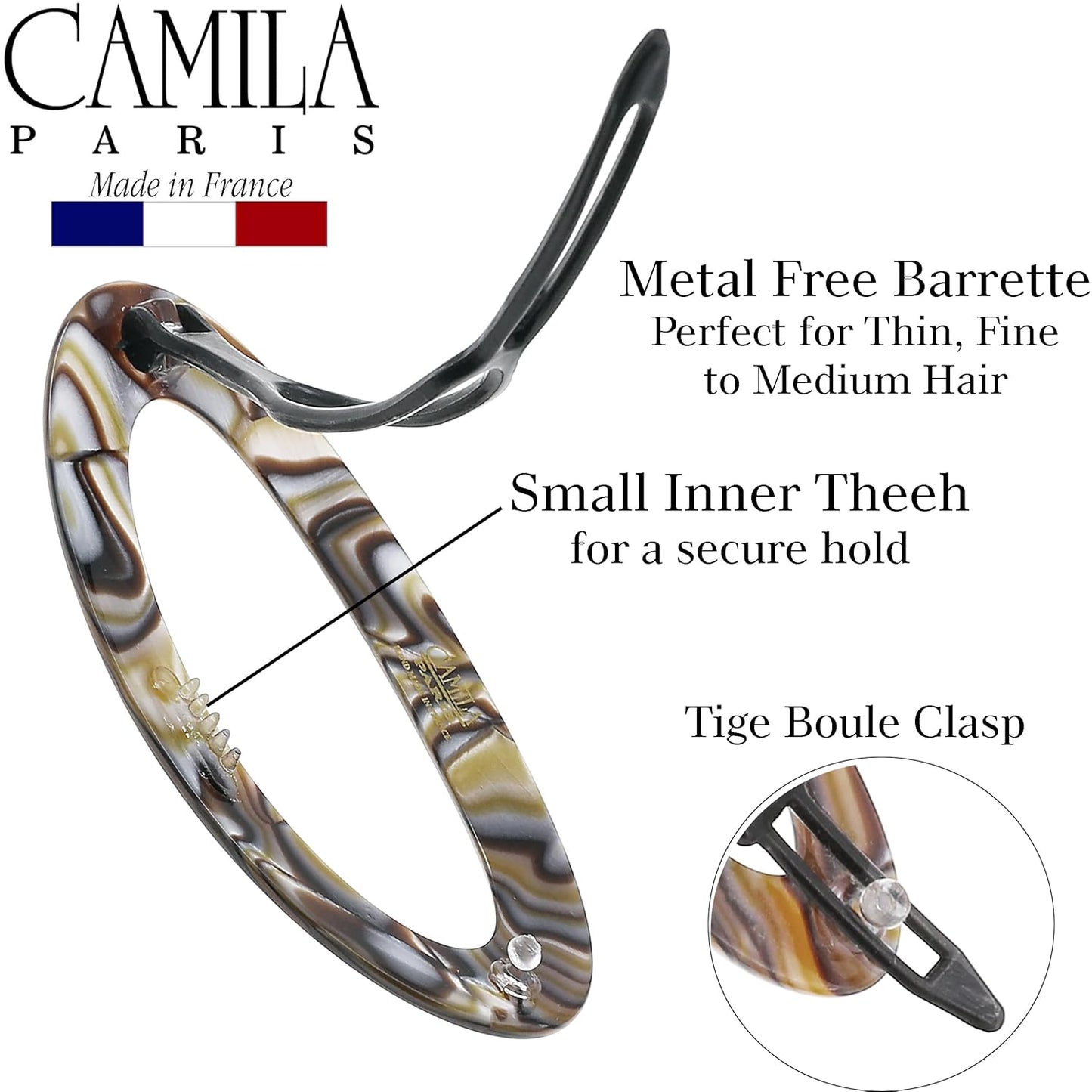 Camila Paris CP3367 French Hair Barrette Clip for Women, Handmade, Onyx, Side Slide-in Metal-Free Closure Strong Hold Grip Hair Clips for Girls, No Slip Durable Hair Accessories, Made in France