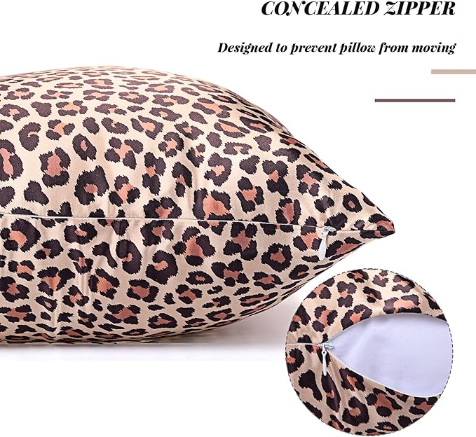 2 Pack Satin Pillowcase with Latent Zipper, Adjustable Satin Eye Mask for Sleeping and Satin Volume Scrunchie for Hair and Skin, Standard Size (Brown,Leopard Style)