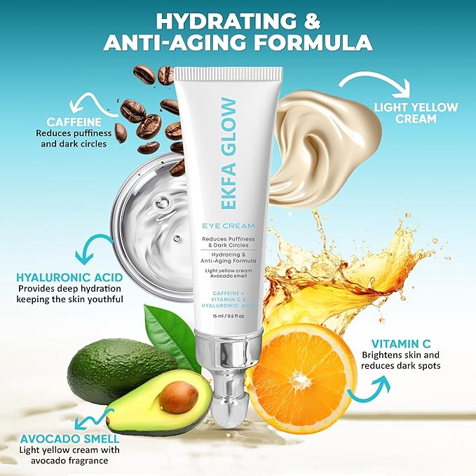 Eye Cream – Reduces Puffiness & Dark Circles & Wrinkles | Hydrating & Anti-Aging Formula | Caffeine, Vitamin C & Hyaluronic Acid | Light Yellow Cream with Avocado Fragrance,15ml