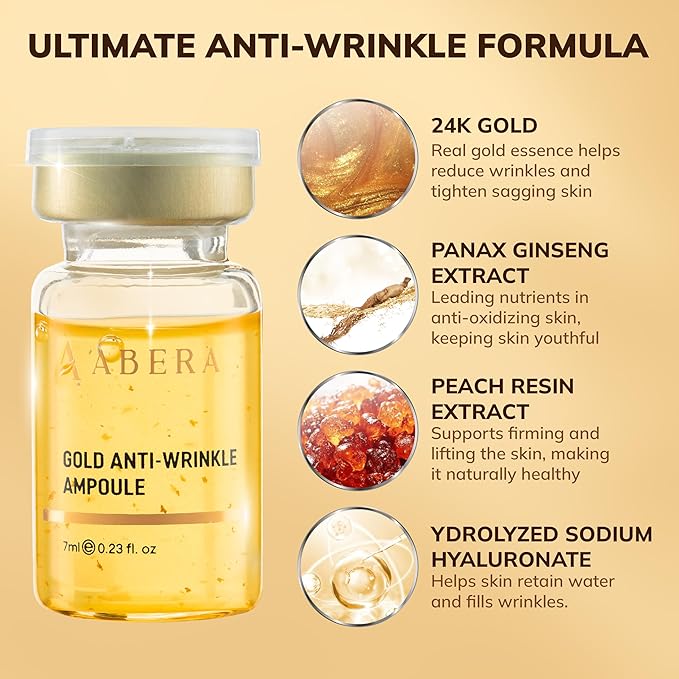 ABERA Gold Anti-Wrinkle Ampoule, Anti-Aging Serum For All Skin Type with Peach Extract and Hyaluronic Acid, Skin Firming & Firming Serum, Hydrating Serum (1 Ampoule)