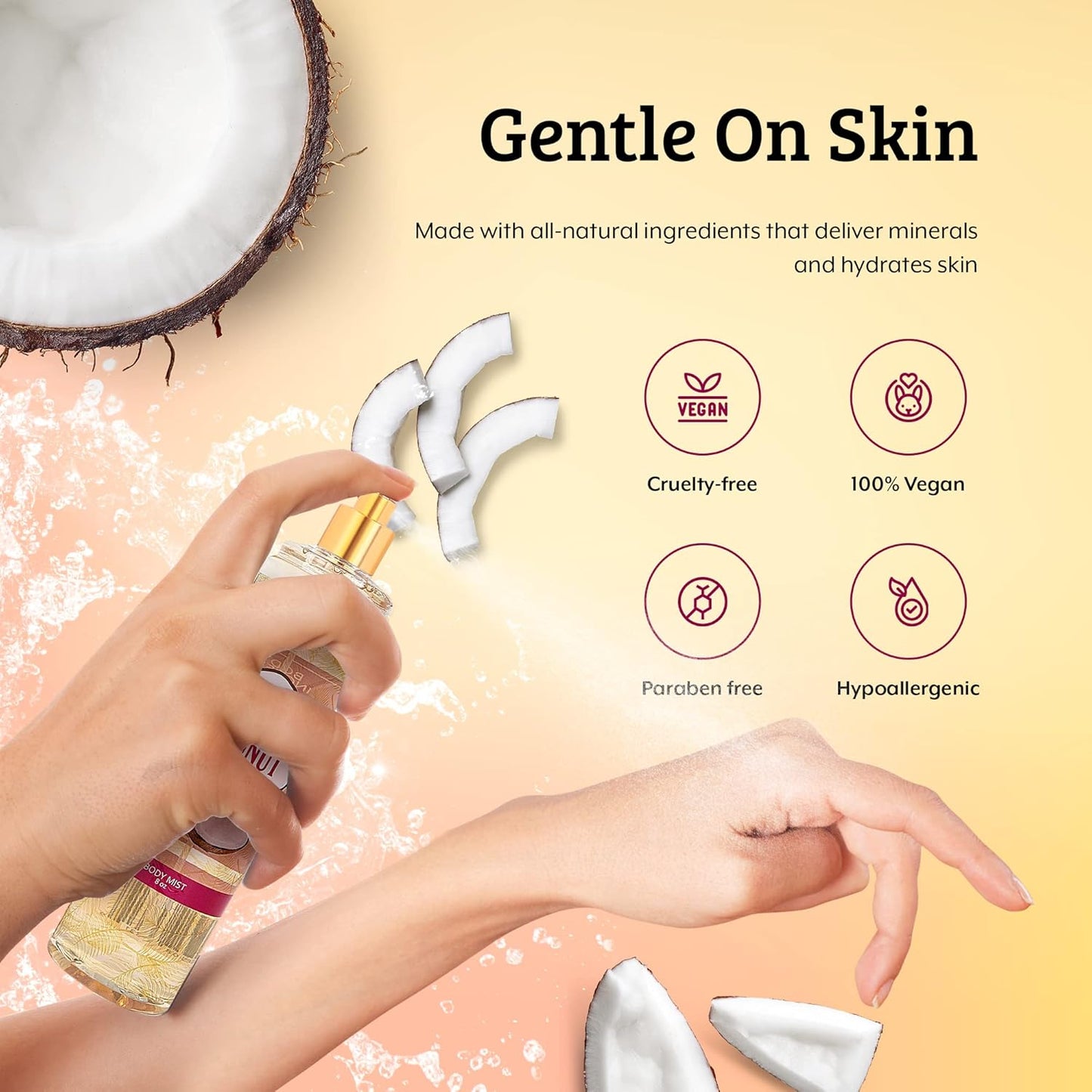 Luxurious Coconut Body Mist Fine Fragrance, Women's Warm & Cozy Luxury Scented Gifts & Presents, 8oz Fine Mist Spray Bottle (Coconut)