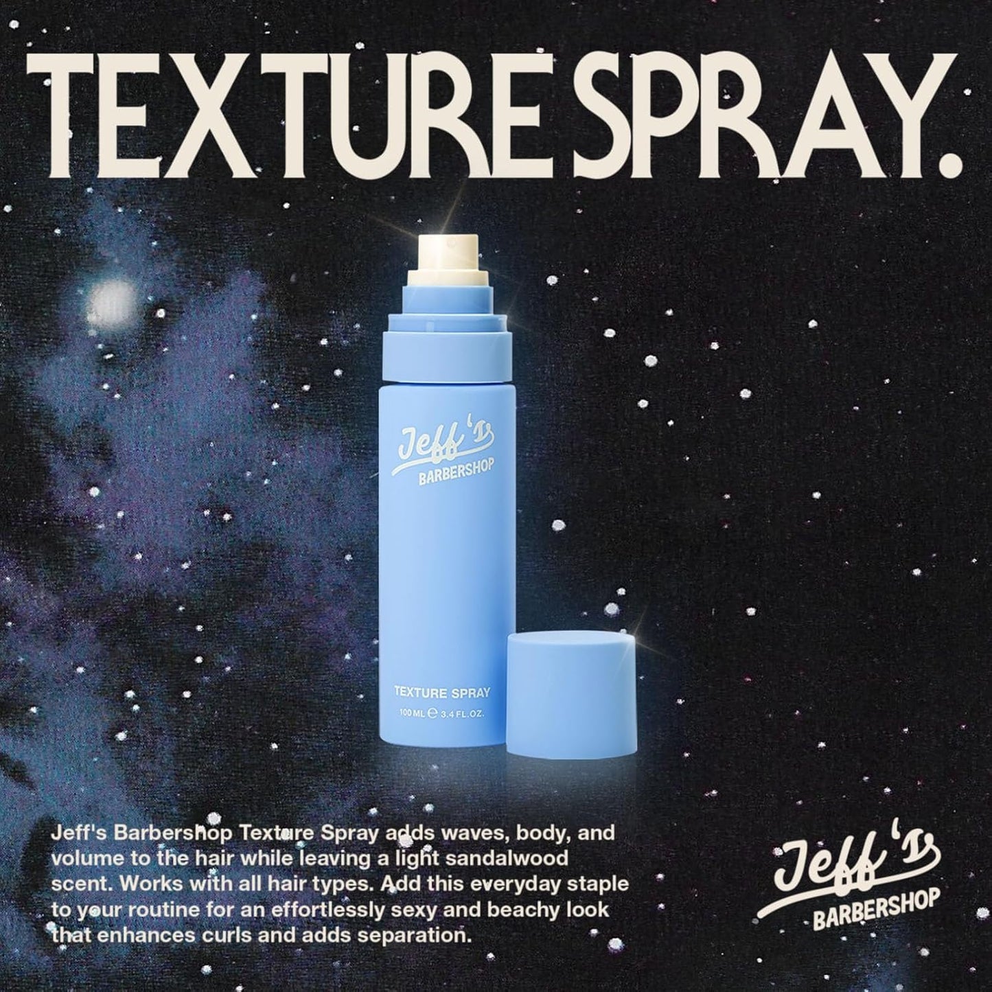 Jeff's Barbershop Sea Salt Texture Hair Spray, Sandalwood - Texturizing & Thickening Volumizer for Men & Women - Light Hold, Textured Finish for Body, Volume & Waves (3.4 fl oz/100ml)