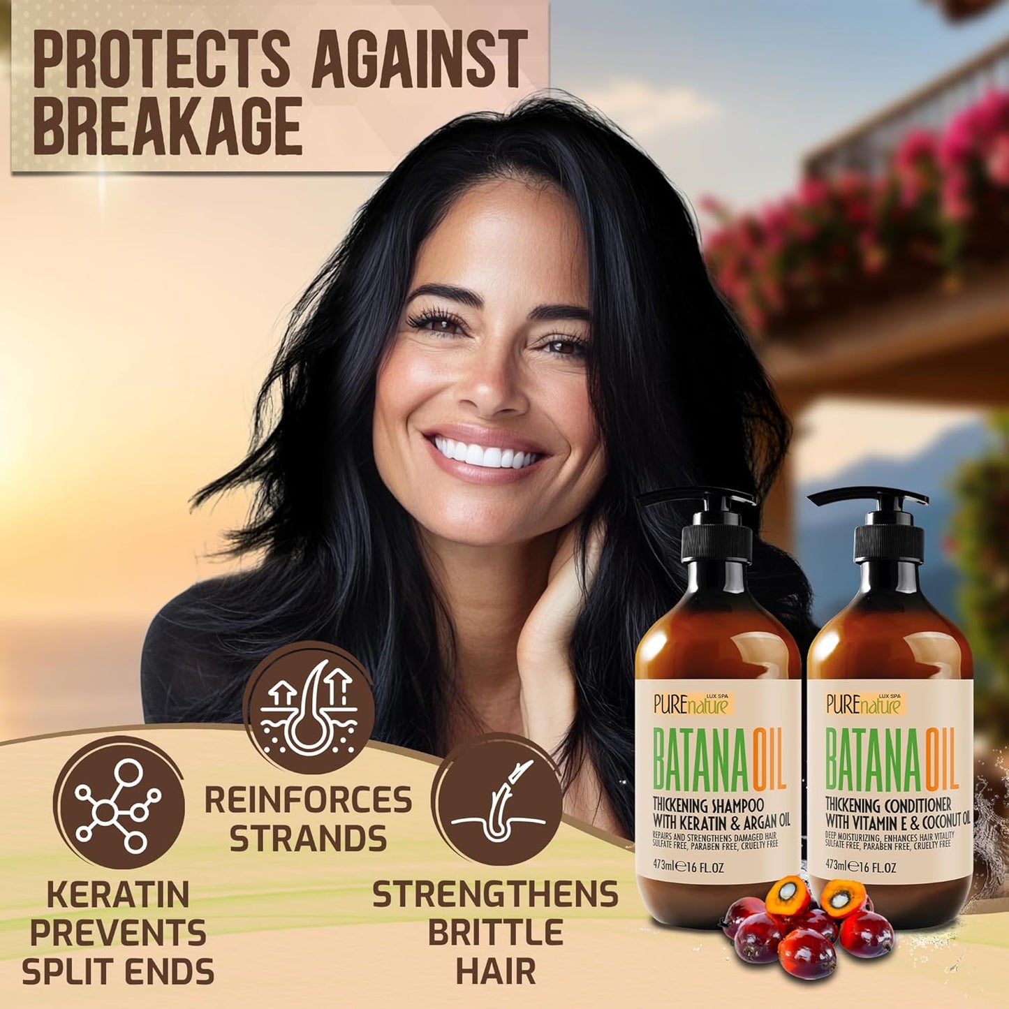 Batana Oil Shampoo and Conditioner Set - Thickening, Sulfate Free Formula for Women and Men - Volumizing, Moisturizing, Professional Salon Care Products for Fine, Thinning Hair - 16 Fl Oz (Pack of 2)