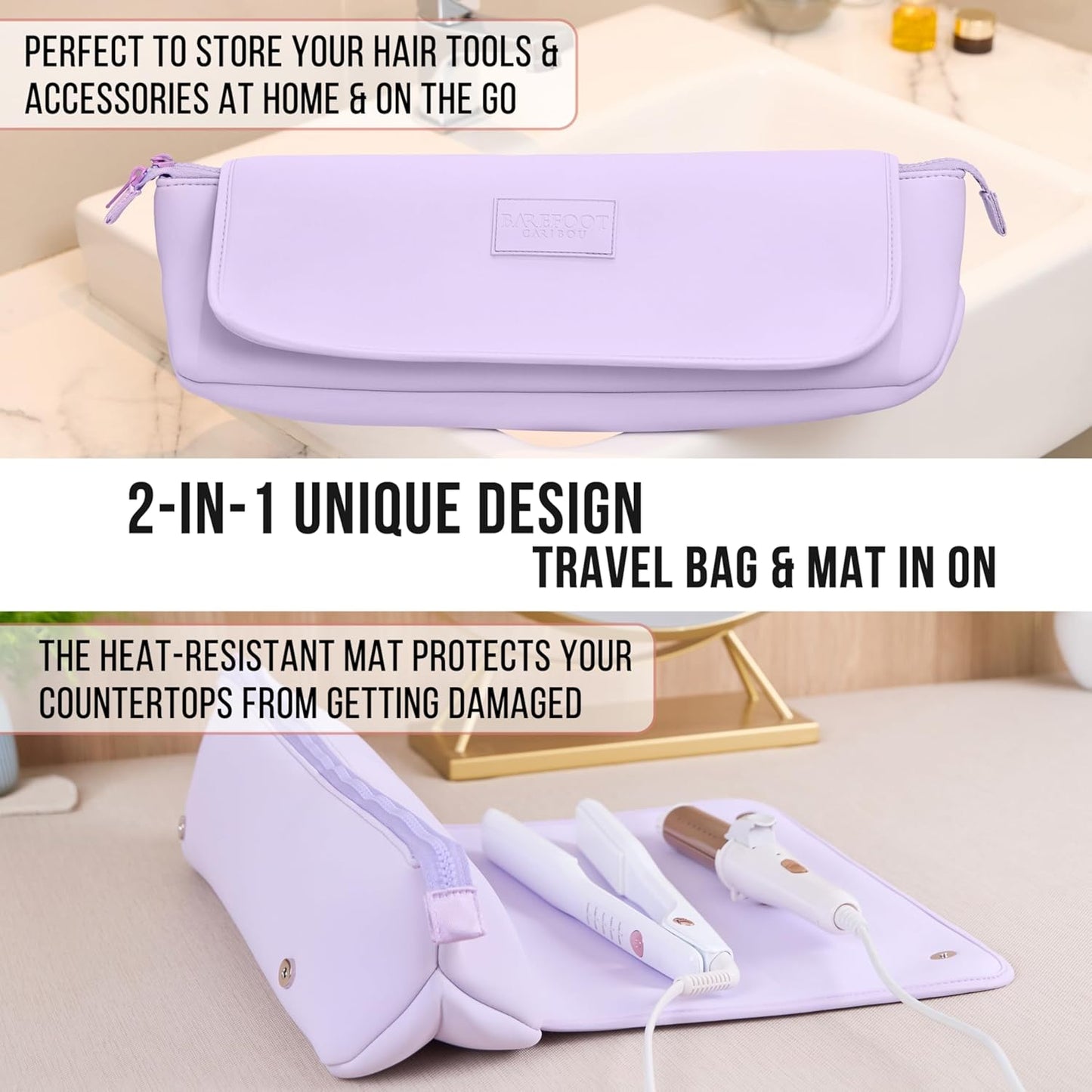 BAREFOOT CARIBOU Hair Tools Travel Bag and Heat Resistant Mat for Flat Irons, Straighteners, Curling Iron, and Haircare Accessories, 2-in-1 design, with Interior Pockets, Portable Organizer