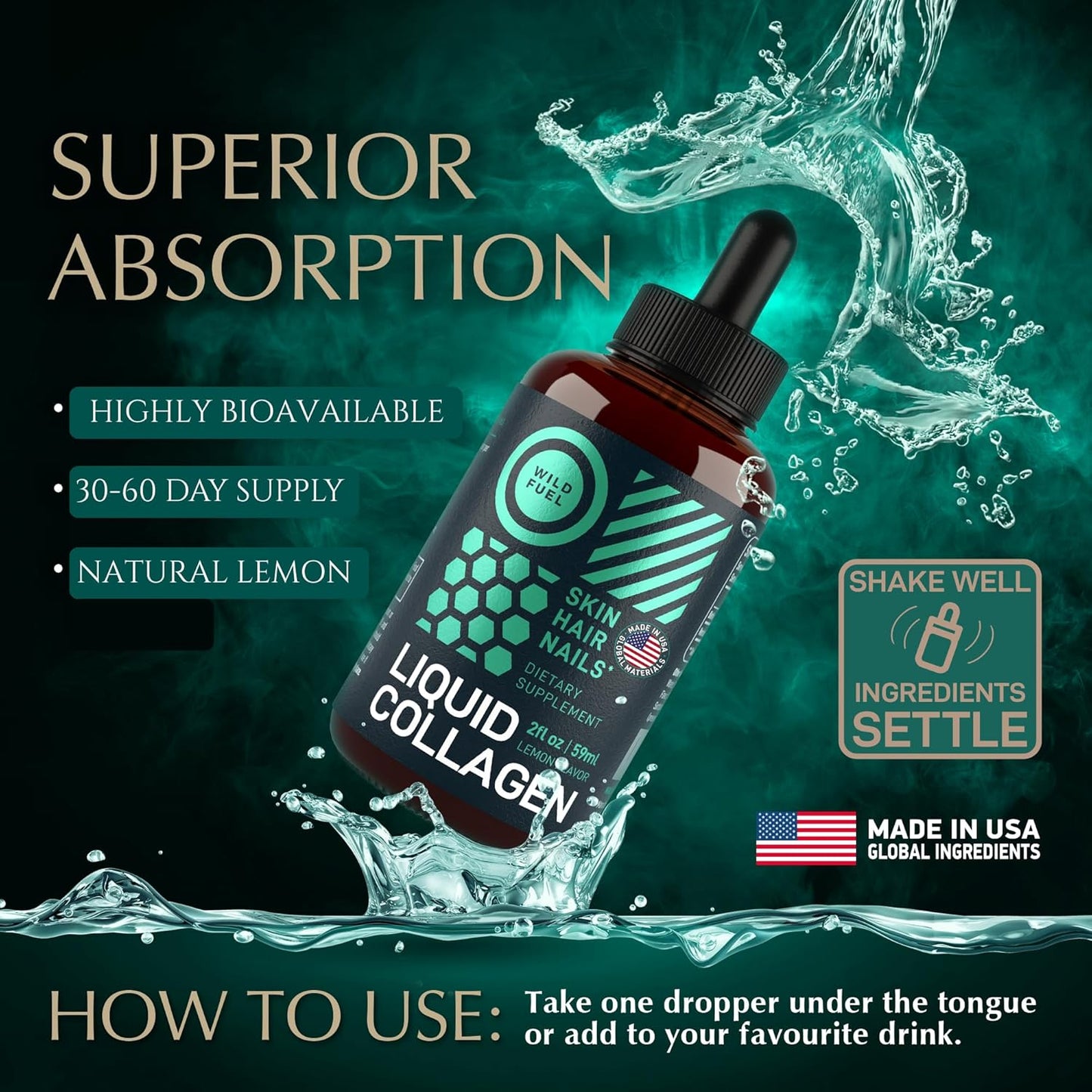 WILD FUEL Liquid Collagen Peptides with Biotin Vitamins for Hair Skin and Nails - 30,000mcg Liquid Collagen for Women and Men Plus Biotin - Lemon Flavor, up to 2-Month - 2 oz