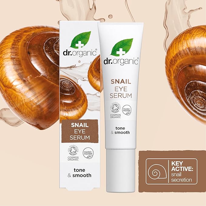 Dr. Organic Snail Gel Eye Serum | Tightens and Hydrates Delicate Eye Area, Reduces Puffiness, Natural, Certified Organic, Paraben & SLS-Free, 15 mL / 0.5 fl oz